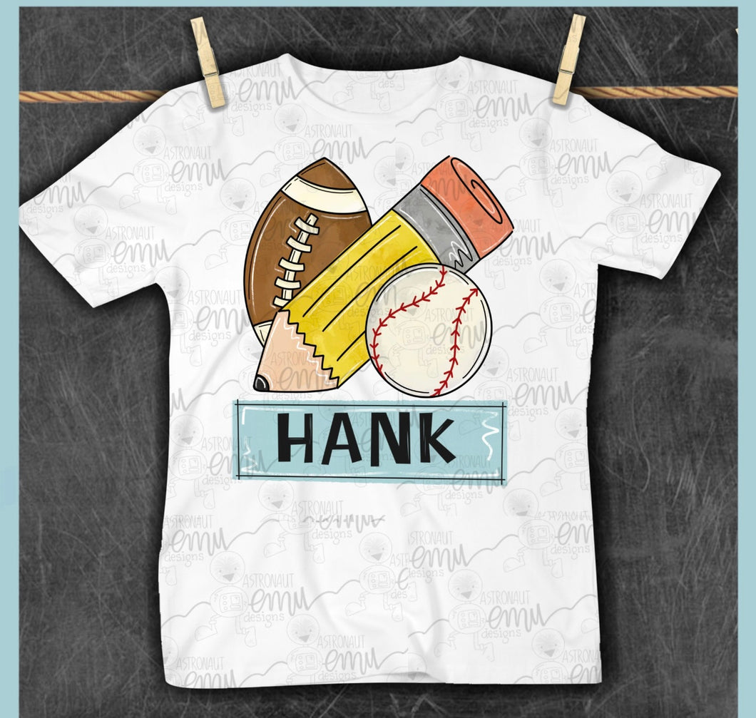 Baseball, football, and pencil name shirt